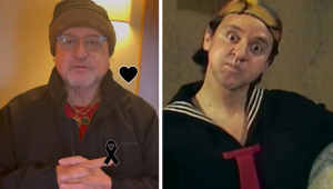 Montagem com a homenagem de Quico à esquerda e ele como o personagem à direita