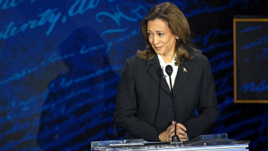 US Vice President and Democratic presidential candidate Kamala Harris listens as former US President and Republican presidential candidate Donald Trump speaks during a presidential debate at the National Constitution Center in Philadelphia, Pennsylvania, on September 10, 2024. (Photo by SAUL LOEB / AFP)