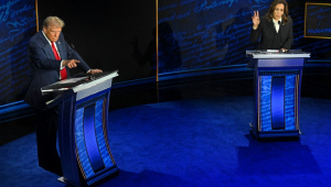 Former US President and Republican presidential candidate Donald Trump speaks during a presidential debate with US Vice President and Democratic presidential candidate Kamala Harris at the National Constitution Center in Philadelphia, Pennsylvania, on September 10, 2024.