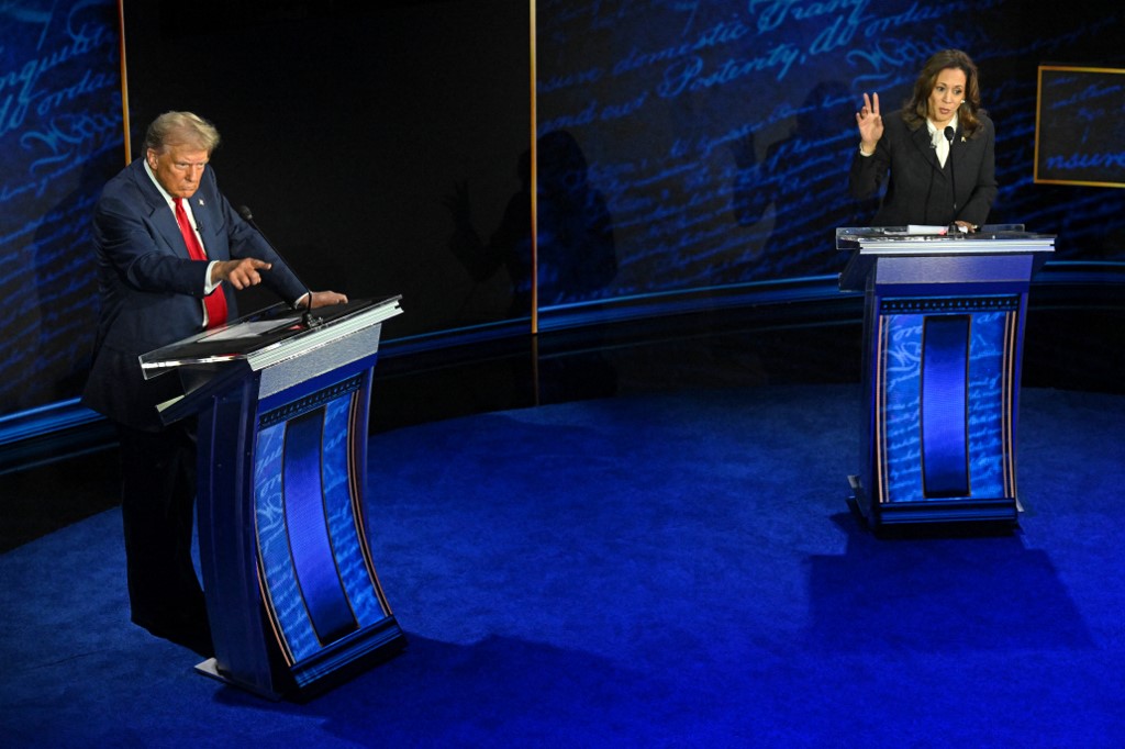 Former US President and Republican presidential candidate Donald Trump speaks during a presidential debate with US Vice President and Democratic presidential candidate Kamala Harris at the National Constitution Center in Philadelphia, Pennsylvania, on September 10, 2024.