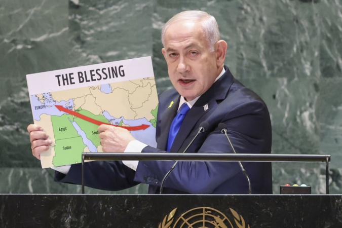 O primeiro-ministro de Israel, Benjamin Netanyahu, discursa durante o Debate Geral da 79ª sessão da Assembleia Geral das Nações Unidas na sede da ONU em Nova York