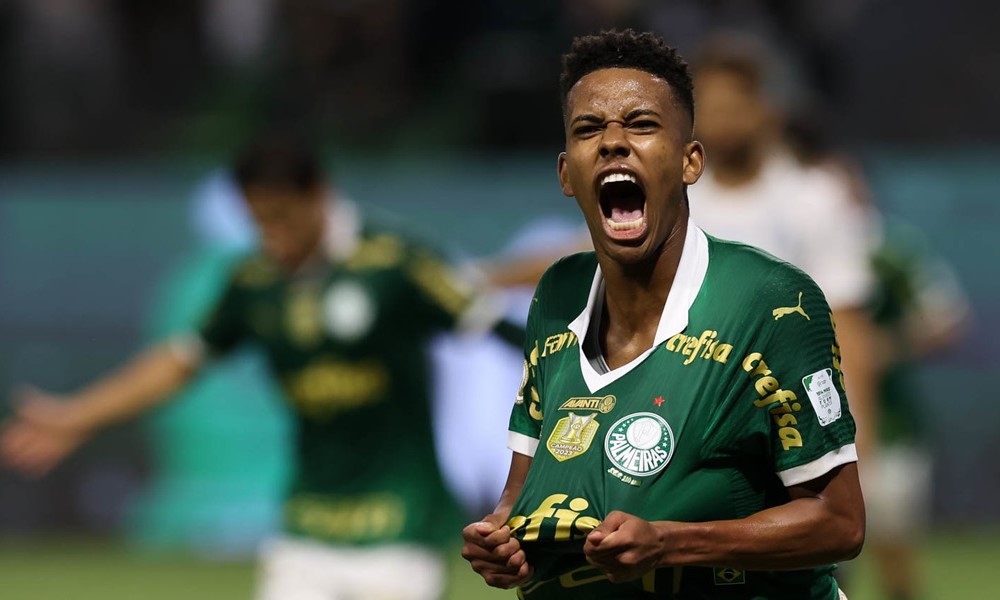 O jogador Estêvão, da SE Palmeiras, comemora seu gol contra a equipe do Grêmio FBPA, durante partida válida pela trigésima terceira rodada, do Campeonato Brasileiro