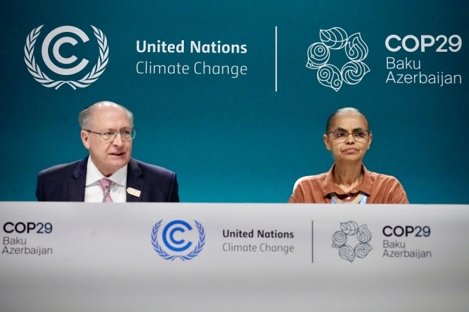 Geraldo Alckmin e Marina Silva em coletiva na COP29