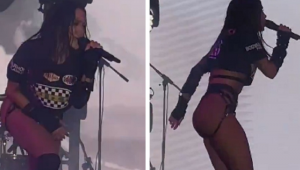 Montagem com duas fotos de Anitta se apresentando no palco do Rock The Mountain