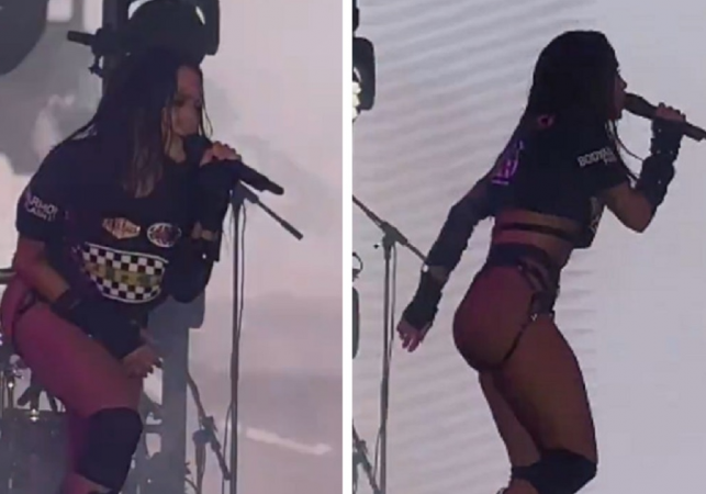 Montagem com duas fotos de Anitta se apresentando no palco do Rock The Mountain