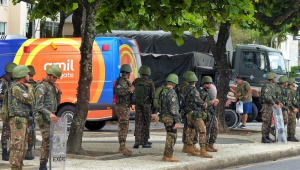 Militares das Forças Armadas e agentes da Polícia Rodoviária Federal (PRF) reforçam a segurança na orla de Copacabana