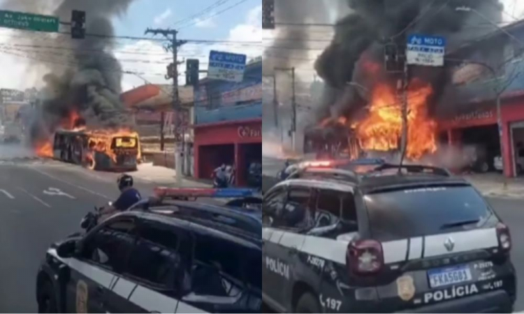 Ônibus pega fogo, trafega desgovernado por avenida de São Paulo e só para após colidir com poste