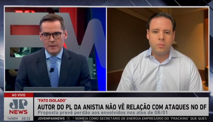 O deputado federal Rodrigo Valadares, do União Brasil, concede entrevista ao Jornal Jovem Pan sobre o PL da Anistia