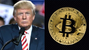 Montagem com Trump e moeda de Bitcoin