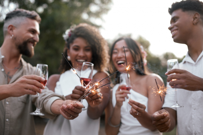 Dois homens e dois mulheres brindam em aparente festa de Réveillon