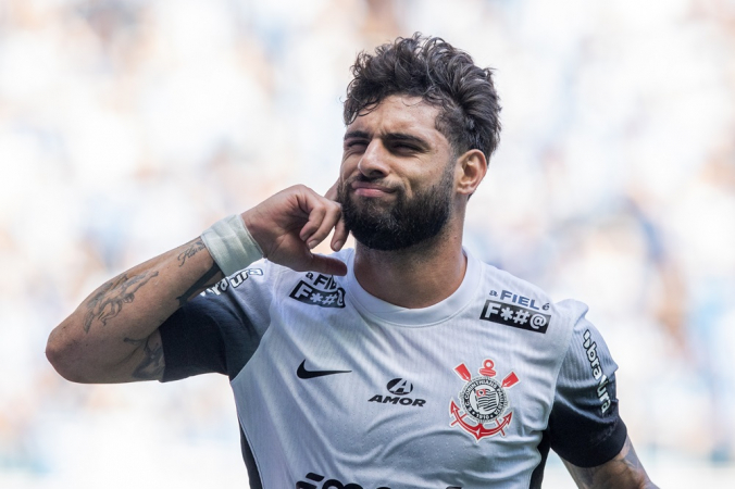 Yuri Alberto jogador do Corinthians comemora seu gol durante partida contra o Grêmio no estádio Arena do Grêmio