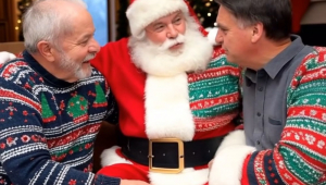 Imagem gerada por inteligência artificial mostra confraternização entre Lula, Bolsonaro e o Papai Noel