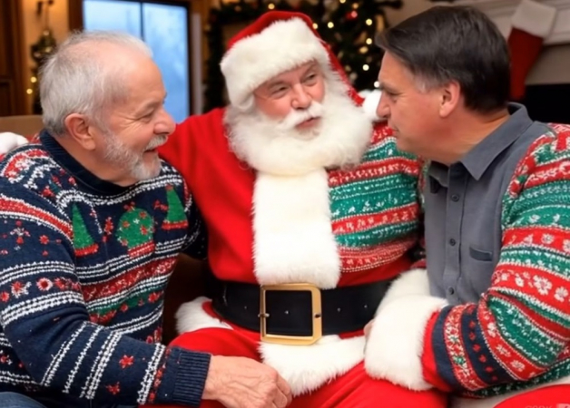 Imagem gerada por inteligência artificial mostra confraternização entre Lula, Bolsonaro e o Papai Noel