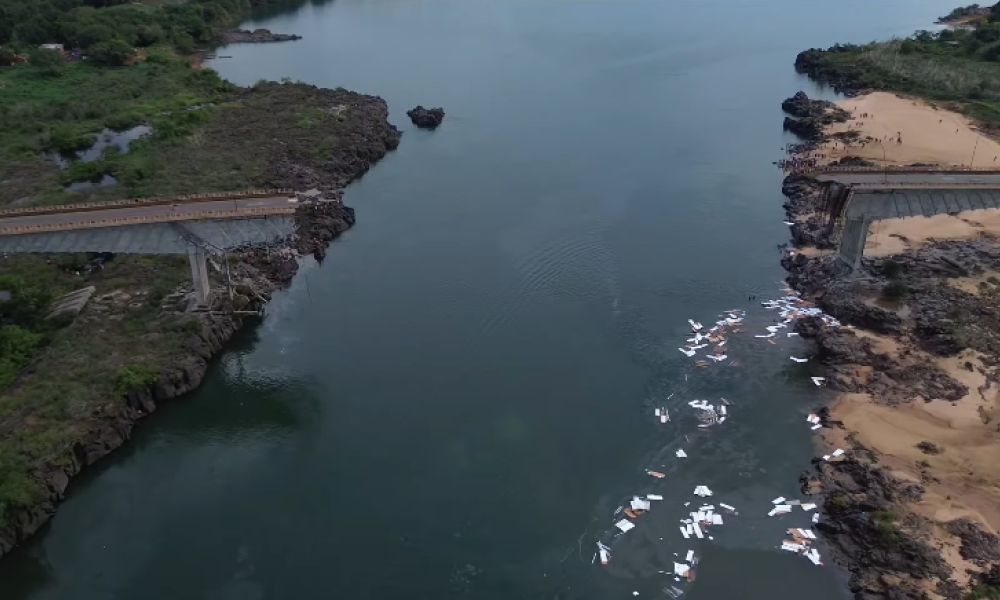 Imagem gravada por drone mostra rompimento na ponte Juscelino Kubitschek, que liga o Maranhão ao Tocantins