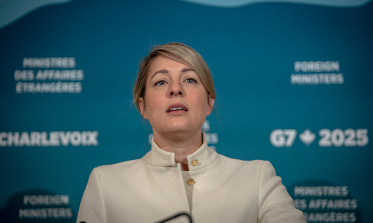 LA MALBAIE, CANADA - MARCH 14: Canadian Minister of Foreign Affairs Melanie Joly talks to the press in closing remarks at the G7 Foreign Ministers Meeting at the Fairmont Manoir Richelieu on March 14, 2025 in La Malbaie, Canada. The foreign ministers of the Group of Seven major democracies -