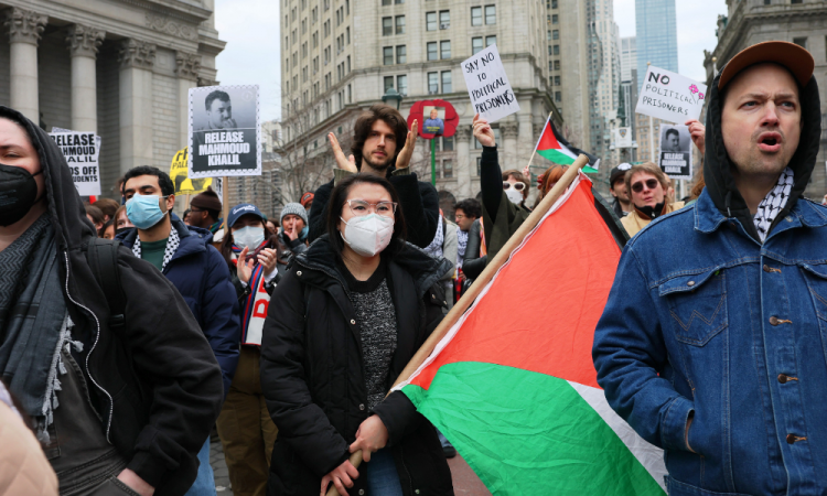  People gather outside of a New York court to protest the arrest and detention of Mahmoud Khalil at Foley Square on March 12, 2025 in New York City. A federal judge in New York heard arguments for and against the detention of Khalil, a permanent U.S. resident,