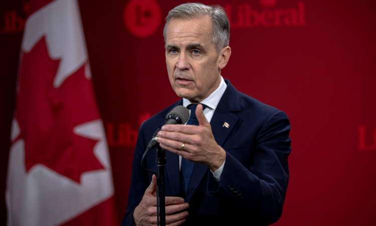 Mark Carney, former Governor of the Bank of Canada, speaks during a press conference following the first night of the Liberal Leadership Debate at Mels studios in Montreal, Canada on February 24, 2025.