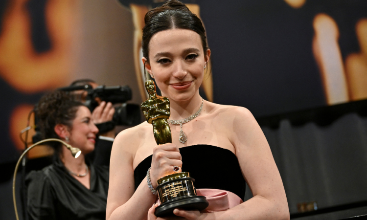 US actress Mikey Madison holds her Oscar for Best Actress in a Leading Role for "Anora" during the 97th Annual Academy Awards Governors Ball at the Dolby Theatre in Hollywood, California on March 2, 2025.