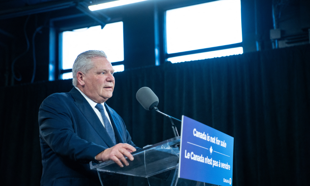 TORONTO, CANADA - MARCH 10: Ontario Premier Doug Ford gives remarks at a press conference in Queen's Park on March 10, 2025 in Toronto, Canada. Ford announced that the provincial government applied a 25 percent surcharge on all electricity exports to the United States as part of retaliatory tariff measures Katherine