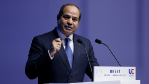 Egypt' President Abdel Fatah al-Sissi delivers a speech during the Hight Level Segment session of the One Ocean Summit, which seeks to raise the international community's ambitions to protect sealife, cut plastic pollution and tackle the impact of climate change, in the northwestern France port city of Brest on February 11, 2022.