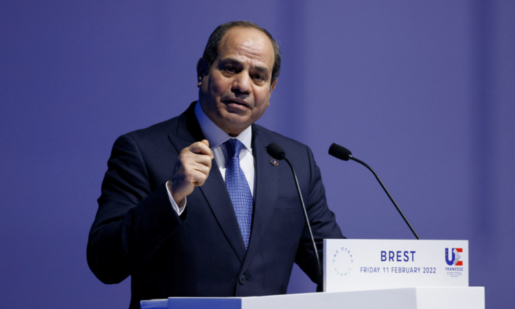 Egypt' President Abdel Fatah al-Sissi delivers a speech during the Hight Level Segment session of the One Ocean Summit, which seeks to raise the international community's ambitions to protect sealife, cut plastic pollution and tackle the impact of climate change, in the northwestern France port city of Brest on February 11, 2022.