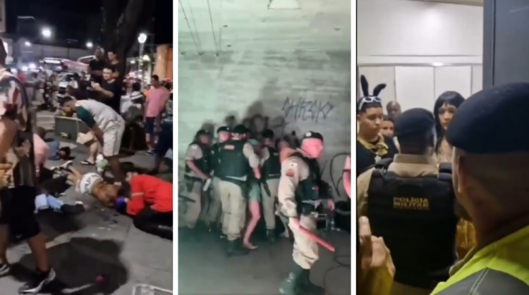 Vídeo compartilhado nas redes sociais mostra pessoas passando mal após disparo de spray de pimenta e confronto entre PMs e organizadores do bloco