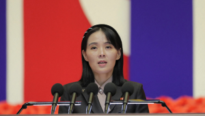 This picture taken on August 10, 2022 and released from North Korea's official Korean Central News Agency (KCNA) on August 14, 2022 shows Kim Yo Jong, the sister of North Korea's leader Kim Jong Un, speaking at the National Emergency Prevention General Meeting in Pyongyang. North Korean leader Kim Jong Un declared a "shining victory" over Covid-19 as his sister revealed he had fallen ill during the outbreak, which she blamed on Seoul, state media said on August 11.