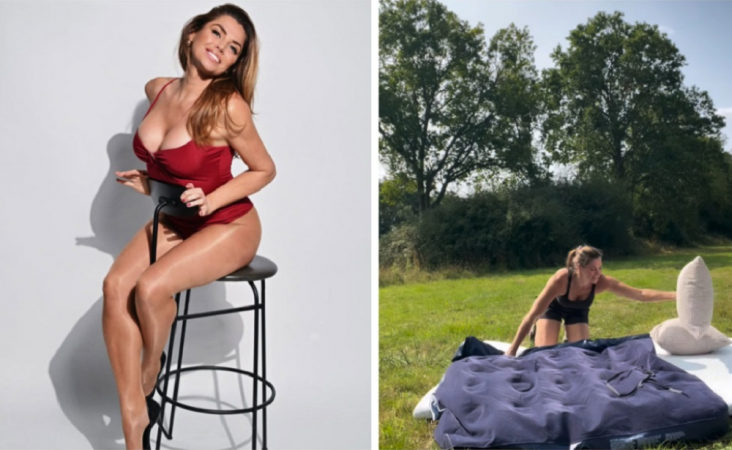 À esquerda, foto do ensaio de Louise Glover para a revista "Loaded", na qual conta a sua história sobre como virou sem-teto; à direita, ela na barraca que comprou