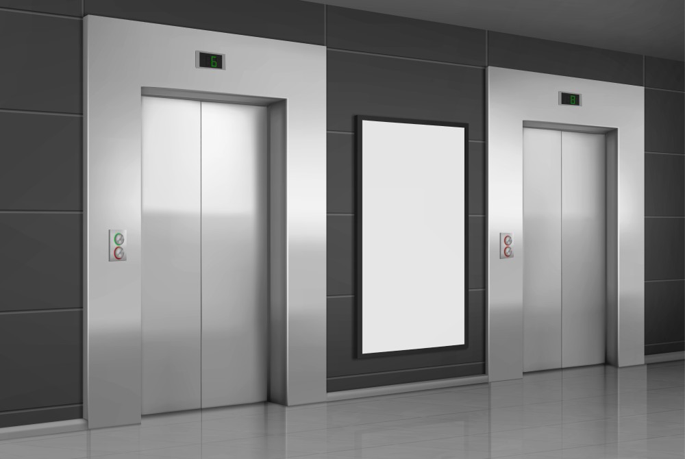 Elevadores realistas com porta fechada e cartaz de anúncio