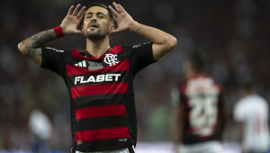 Arrascaeta jogador do Flamengo comemora seu gol durante partida contra o Bahia