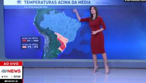 Paula Nobre mostra previsão do tempo durante o Jornal da Manhã