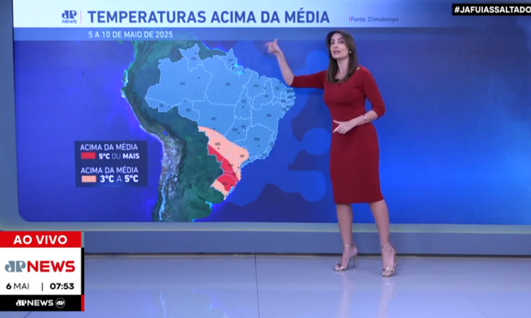Paula Nobre mostra previsão do tempo durante o Jornal da Manhã