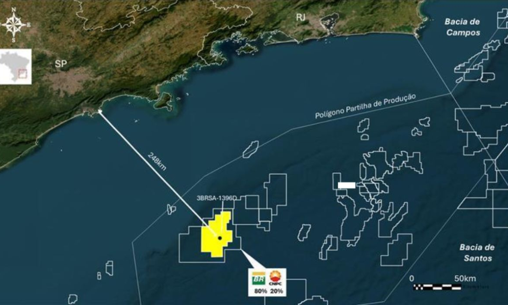 O poço 3-BRSA-1396D-SPS está localizado a 248 km da cidade de Santos-SP, em profundidade d’água de 1952 metros