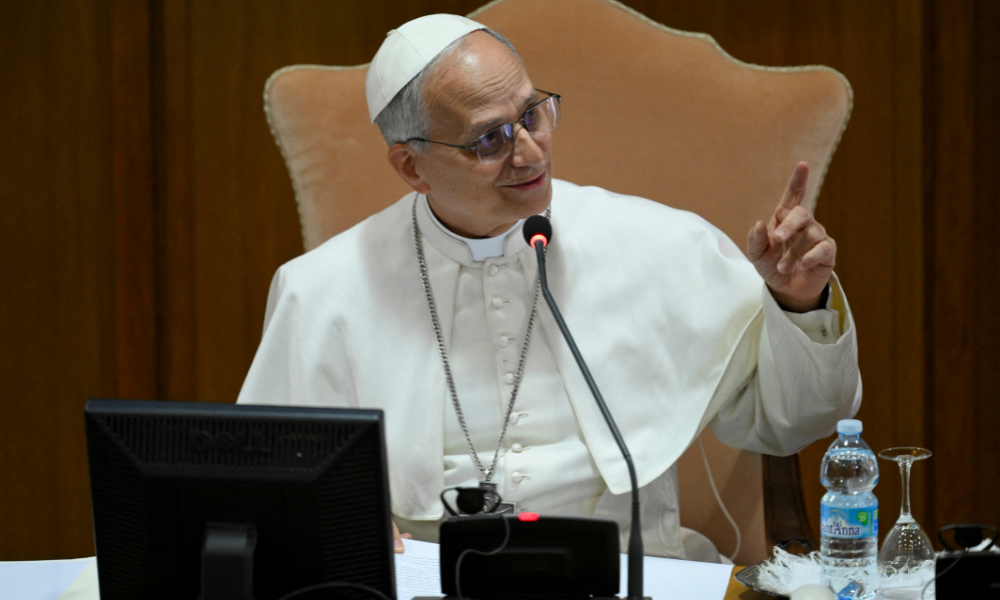 Papa Leão XIV durante uma reunião com cardeais no Vaticano