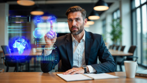 Empresário usando tecnologia futurista com interface digital