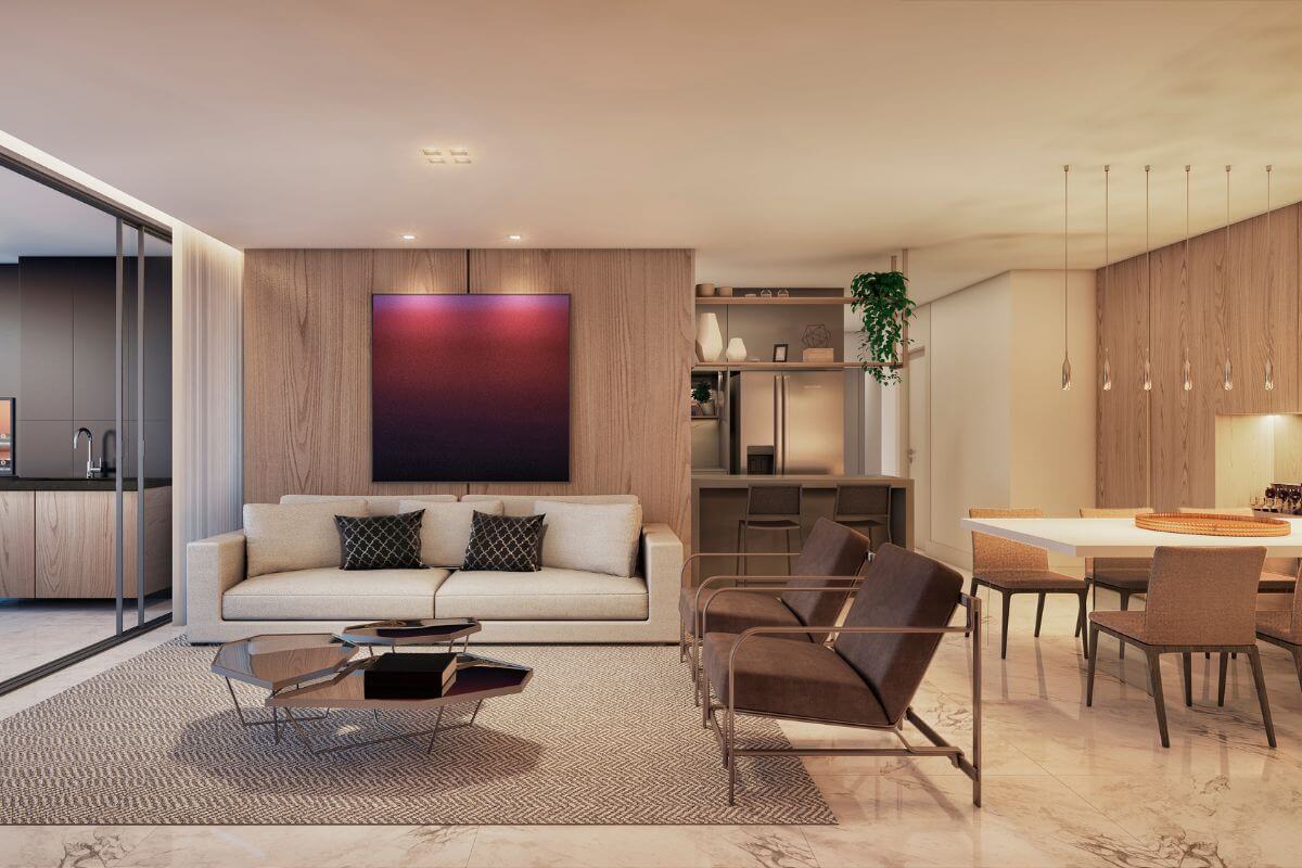 Conceito aberto cria uma conexão mais fluida entre os cômodos e amplia a percepção de espaço 