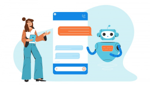 Mulher plana conversando com chatbot comunicando o assistente de robô AI