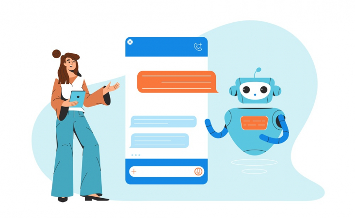 Mulher plana conversando com chatbot comunicando o assistente de robô AI