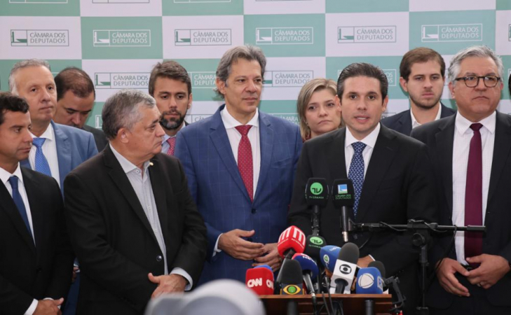 Coletiva de imprensa na Câmara com Hugo Motta, Fernando Haddad e outros integrantes do governo