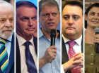 Montagem mostrando lado a lado Lula, Jair Bolsonaro, Tarcísio de Freitas, Ratinho Júnior e Michelle Bolsonaro