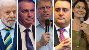Montagem mostrando lado a lado Lula, Jair Bolsonaro, Tarcísio de Freitas, Ratinho Júnior e Michelle Bolsonaro