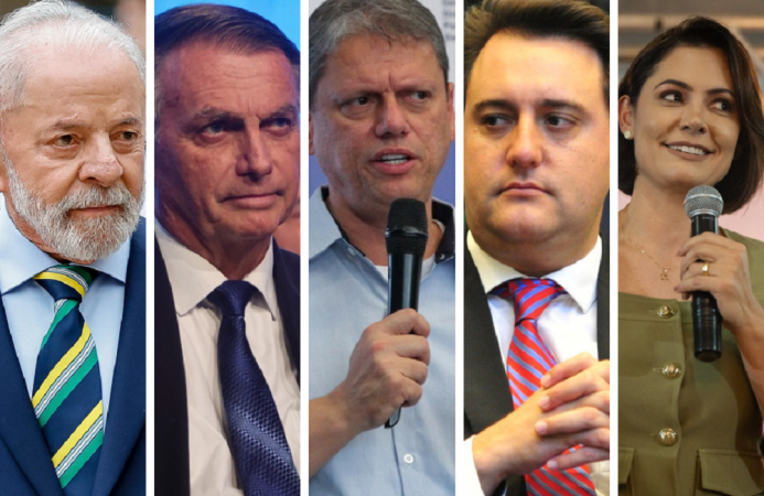 Montagem mostrando lado a lado Lula, Jair Bolsonaro, Tarcísio de Freitas, Ratinho Júnior e Michelle Bolsonaro