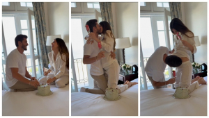 Vídeo publicado nas redes sociais mostra Camila Queiroz e Klebber Toledo cortando bolo com duas taças e descobrindo que terão uma menina após verem recheio cor de rosa