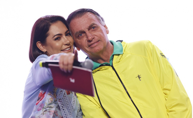 A ex-primeira-dama e presidente do PL Mulher (Partido Liberal), Michelle Bolsonaro, e o ex-presidente da República, Jair Messias Bolsonaro, durante abertura do "Encontro Nacional de Mandatários do Partido Liberal-PL",