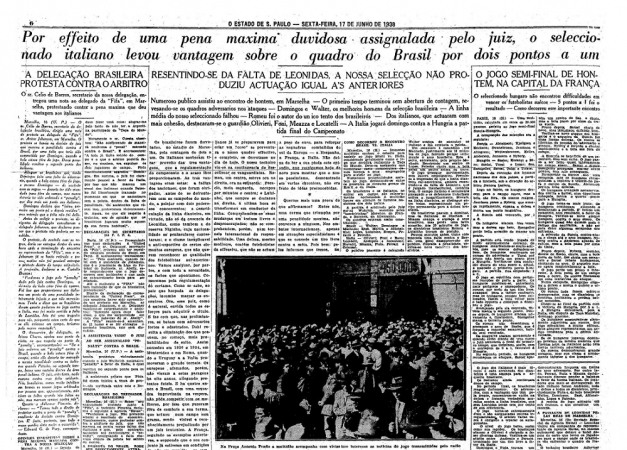 O jornal "O Estado de S. Paulo" relata o erro de arbitragem em sei caderno de esportes no dia 17 de junho de 1938