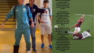 À esquerda, Fagner usando bota ortopédica após se machuca: à direita, o desabafo de Pottker no Instagram