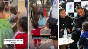 As duas primeiras imagens (da esq. para a dir.) mostram as tentativas de Gael de interagir com Tico e Teco; na terceira, o jogador Raphinha com a esposa e o filho