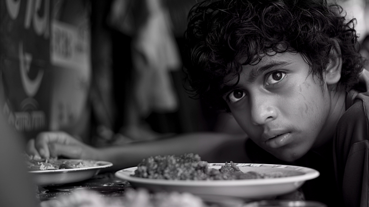 Criança com prato de comida em foto preta e branca