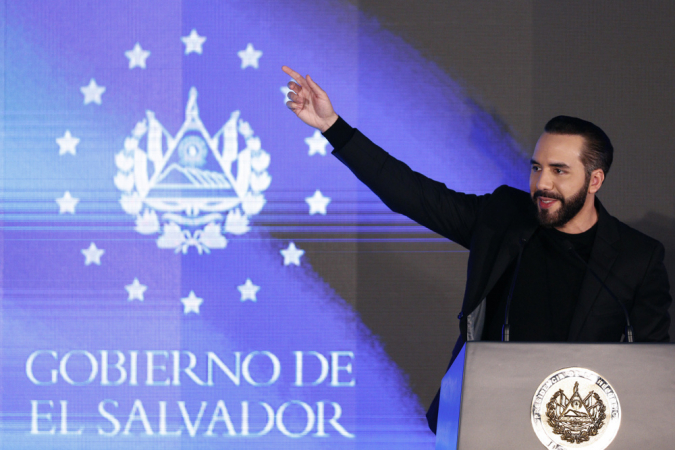 O presidente de El Salvador, Nayib Bukele, durante um ato em Antiguo Cuscatlán (El Salvador)