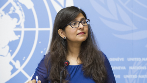 Ravina Shamdasani, OHCHR briefs the press on LGBT decision in India, Palais des Nations. 7 September 2018. Photo by Violaine Martin